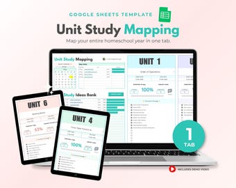 Planificador de unidades didácticas para educación en el hogar, hoja de cálculo para la organización de unidades didácticas, planificador curricular para educación en el hogar, registro de lecciones, Google Sheets, planificador anual