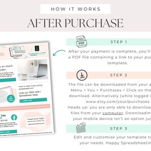 May include: A digital download guide with instructions on how to access a purchased spreadsheet template. The guide includes a PDF icon, a download icon, and a shopping cart icon. The text on the guide says "Work smarter, not harder." and "Thank you so much for your order."