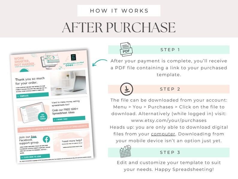 May include: A digital download guide with instructions on how to access a purchased spreadsheet template. The guide includes a PDF icon, a download icon, and a shopping cart icon. The text on the guide says "Work smarter, not harder." and "Thank you so much for your order."