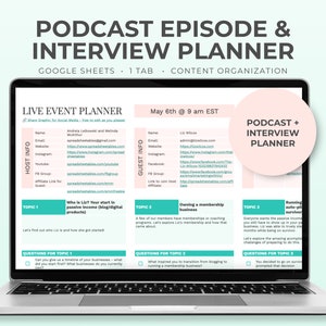 May include: A laptop computer displaying a Google Sheet with a podcast episode and interview planner. The sheet is titled "Live Event Planner" and includes sections for host and guest information, topics, and questions for each topic. The sheet is dated May 6th at 9 am EST.