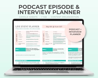 Planificador de entrevistas y podcasts, preparación de entrevistas, organizador de flujo de trabajo, gestión de invitados, kit de herramientas de flujo de trabajo para la organización de contenido