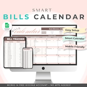 May include: A computer screen displaying a Google Sheets spreadsheet with a calendar and bill tracker. The spreadsheet is titled "BILLS calendar" and features a brown and white colour scheme. The text "SMART BILLS CALENDAR" is displayed above the spreadsheet. The text "WORKS IN FREE GOOGLE ACCOUNT - NO APPS NEEDED!" is displayed below the spreadsheet.