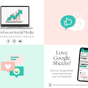 May include: A graphic with a laptop, a thumbs up icon, and a smartphone. The laptop screen shows a graph with the text "SPREADSHEETABLES" on it. The text "Find us on Social Media @SPREADSHEETABLES" is below the laptop. The smartphone screen shows a screenshot of a Facebook group with the text "WORK SMARTER, NOT HARDER" on it. The text "Love Google Sheets? Join our Google Sheet Lovers Community over on Facebook!" is below the smartphone. The text "SPREADSHEETABLES.COM/FBGROUP" is below the smartphone.