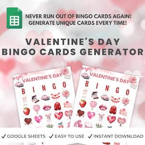 Générateur de bingo pour la Saint-Valentin, jeu de société pour la Saint-Valentin en classe, cartes de bingo avec coeurs conversation imprimables, Saint-Valentin, feuilles Google
