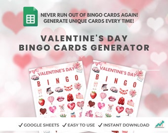 Generador de bingo del Día de San Valentín, Juego de fiesta de San Valentín en el aula, Tarjetas de bingo de corazones de conversación imprimibles, Día de Galentine, Hojas de cálculo de Google
