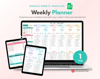 Planificador semanal en hoja de cálculo, planificador de Google Sheets, planificador de tiempo por bloques, registro de hábitos, plantilla de horario semanal