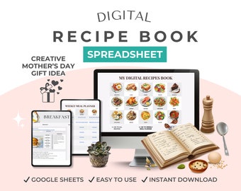 Libro de recetas Idea de regalo única para el Día de la Madre, Regalo creativo para mamás, Tarjetas de recetas, Planificador de comidas semanal, Hoja de cálculo de Google, Plan de comidas familiar