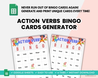 Action Verbs Bingo Cards, Bingo Generator, kindergarten words, teacher resources, elementary games, reading practice, Montessori Printable