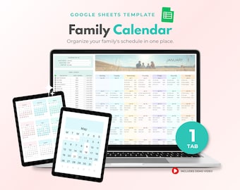 Hoja de cálculo de calendario familiar, planificador familiar, organizador del hogar, calendario familiar compartido, registro de tareas, plantilla de Google Sheets