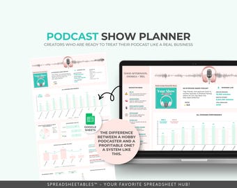 Planificador de podcasts, hoja de cálculo y organizador para planificar episodios, seguimiento de invitados, patrocinios, monetización y gestión de podcasts.
