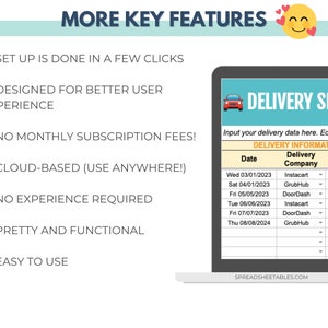 May include: A screenshot of a website with a list of key features for a delivery service. The features include: set up in a few clicks, designed for better user experience, no monthly subscription fees, cloud-based (use anywhere!), no experience required, pretty and functional, and easy to use. The website also includes a table with delivery data for different companies, including Instacart, GrubHub, and DoorDash.