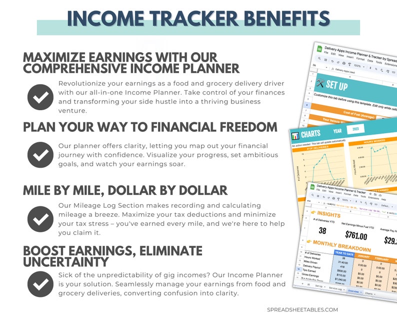 May include: A graphic with a green checkmark and text that reads "Maximize Earnings with our Comprehensive Income Planner" and "Plan Your Way to Financial Freedom". The graphic also includes a screenshot of a spreadsheet with the text "Delivery Apps Income Planner & Tracker by Spreadsheetables.com".