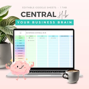 May include: A laptop computer screen displaying a spreadsheet with the title "Business Central Hub". The spreadsheet is divided into columns for website, Etsy, blog, and email marketing. A cartoon brain with arms and legs is in the foreground.