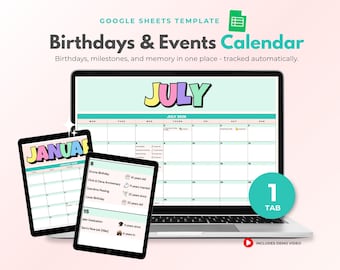 Hoja de cálculo para calendario de cumpleaños, registro de eventos, registro de aniversarios, calendario de hitos familiares, plantilla de Google Sheets
