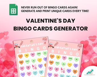 Valentines Day Bingo Generator, Classroom Valentine's Party Game, Printable Conversation Hearts Bingo Cards, Galentine's Day, Google Sheets