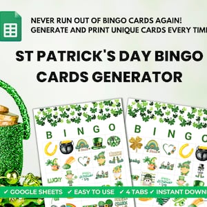 St Patricks Day Bingo Karten Generator, perfekt für große Gruppen oder Aktivitäten im Klassenzimmer. Benutzerdefinierte Bingo-Karten, unbegrenzte Bingo-Karten