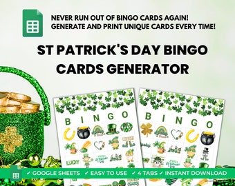 Generador de cartones de bingo del Día de San Patricio, perfecto para grupos grandes o actividades en el aula. Cartones de bingo personalizados, cartones de bingo ilimitados