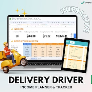 Planejador de receitas para motoristas de entrega de alimentos e mercearias, rastreador de despesas para motoristas de entrega, planilha de registro de quilometragem, planilha de orçamento de empreiteiros