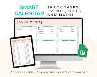 Smart Calendar Spreadsheet Daily Smart Planner for Your To Do Lists Calendar 2024 Task Tracker Dynamic Monthly Event Tracker Yearly Calendar