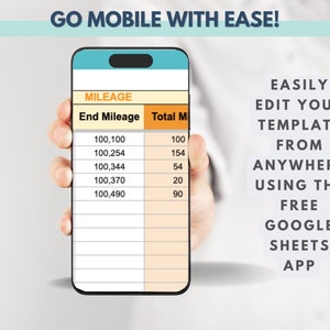 May include: A screenshot of a mobile phone displaying a Google Sheets spreadsheet with the title "MILEAGE". The spreadsheet has two columns labeled "End Mileage" and "Total M". The spreadsheet contains mileage data. The text "GO MOBILE WITH EASE!" is displayed at the top of the image. The text "EASILY EDIT YOUR TEMPLATE FROM ANYWHERE USING THE FREE GOOGLE SHEETS APP" is displayed on the right side of the image.