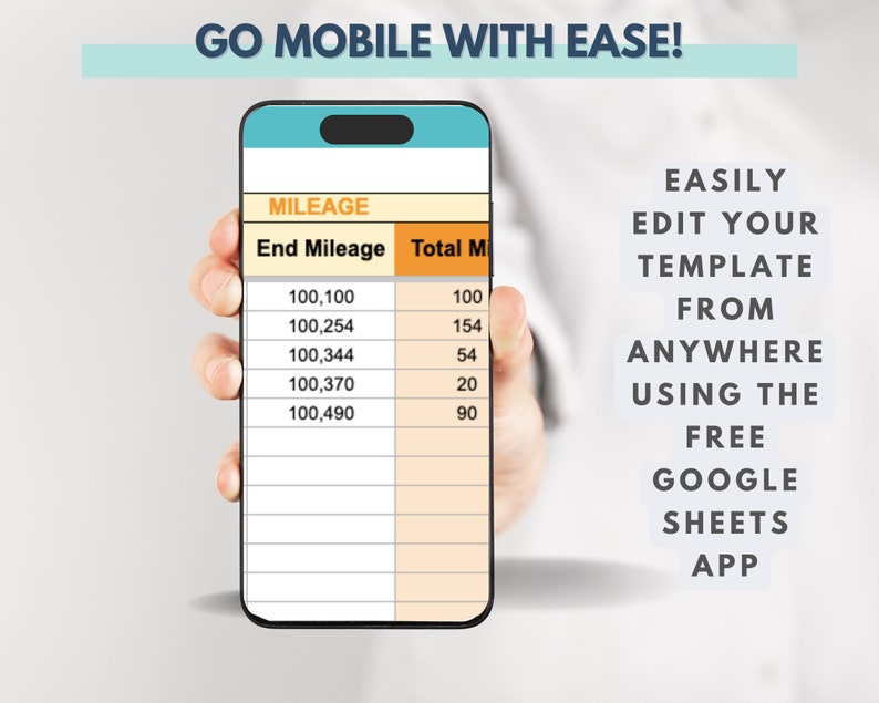 May include: A screenshot of a mobile phone displaying a Google Sheets spreadsheet with the title "MILEAGE". The spreadsheet has two columns labeled "End Mileage" and "Total M". The spreadsheet contains mileage data. The text "GO MOBILE WITH EASE!" is displayed at the top of the image. The text "EASILY EDIT YOUR TEMPLATE FROM ANYWHERE USING THE FREE GOOGLE SHEETS APP" is displayed on the right side of the image.