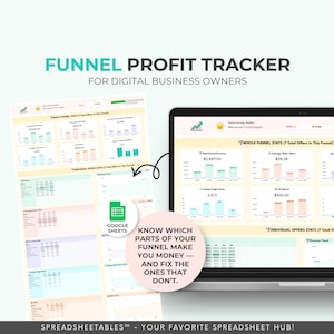 Könnte beinhalten: Ein Laptop mit einer "Funnel Profit Tracker"-Tabelle, mit Diagrammen und Datenvisualisierungen. Der Text "Funnel Profit Tracker for Digital Business Owners" steht oben. Ein Google Sheets-Logo ist ebenfalls sichtbar, zusammen mit dem Text "Wissen Sie, welche Teile Ihres Trichters Ihnen Geld einbringen - und beheben Sie die, die es nicht tun."