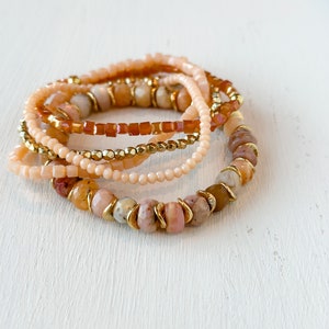 Peach Coral Gold Bracelet Stack| Beach Jewelry| Set of 5| Boho Bracelets| Womens Jewelry| Gifts for Her| Stretch Bracelet Set| Gold Bracelet