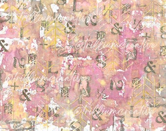 May include: Abstract digital paper with a pink and yellow watercolour background. The background is covered with a variety of gold and silver letters, numbers, and symbols. The text "Trillium Creative" appears multiple times throughout the image.