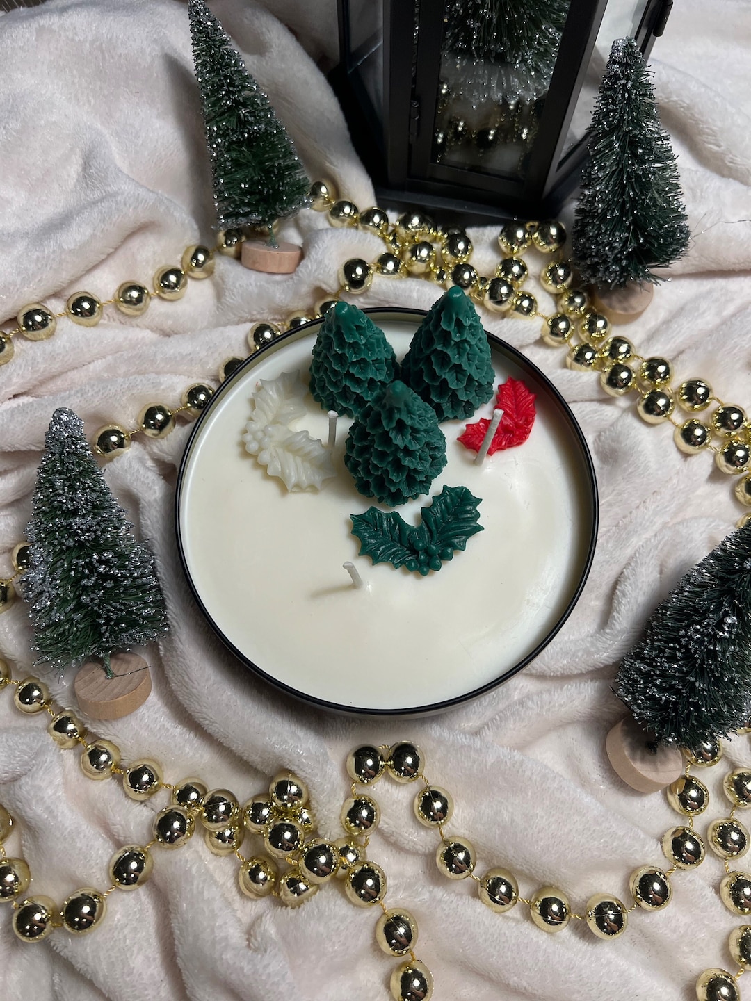 Christmas Tree Candle Christmas Candle With Holly Three Etsy