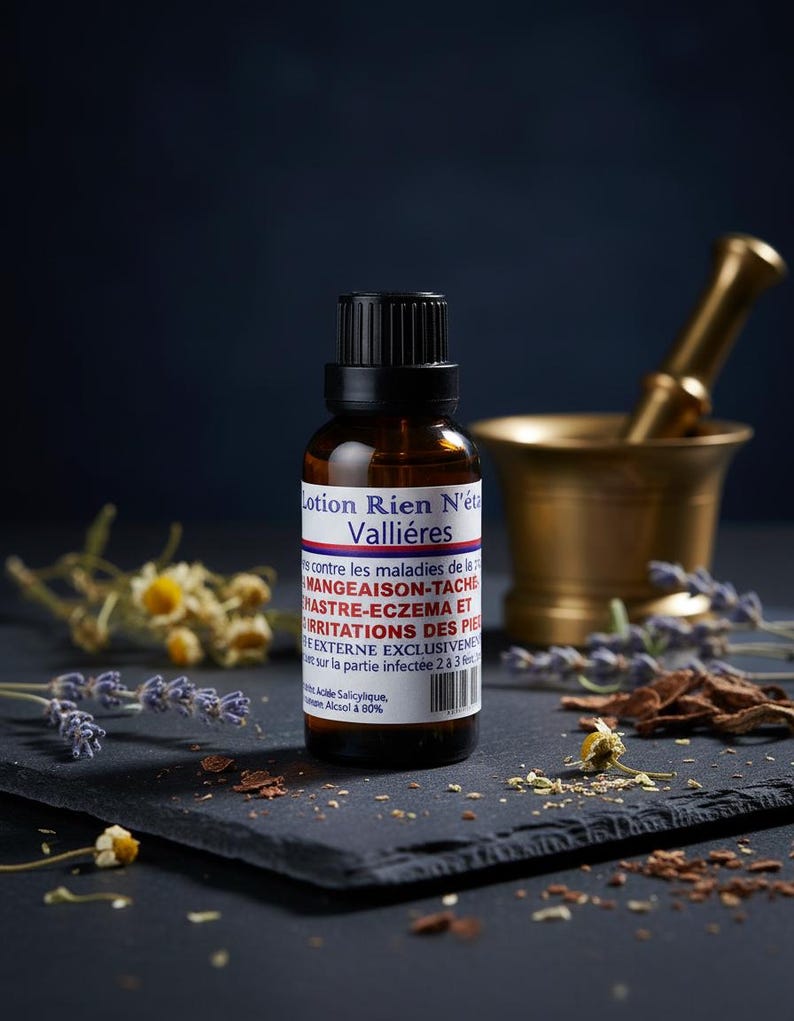 May include: A brown glass bottle with a black cap, labeled "Lotion Rien N'&eacute;tait Valli&eacute;res" in white and red text. The bottle is surrounded by dried herbs and a brass mortar and pestle on a dark slate surface.