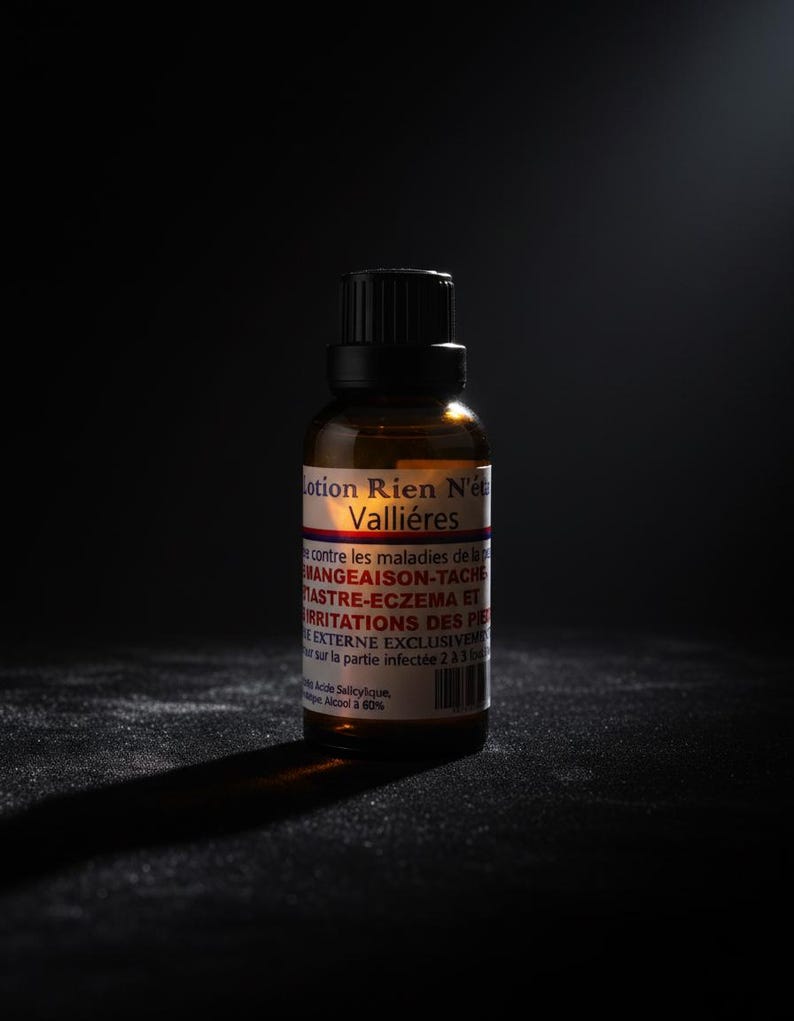 May include: A brown glass bottle with a black cap, labeled "Lotion Rien N'&eacute;c Valli&eacute;res." The label includes text about treating skin conditions like itching, eczema, and foot irritations. The bottle is on a dark surface.