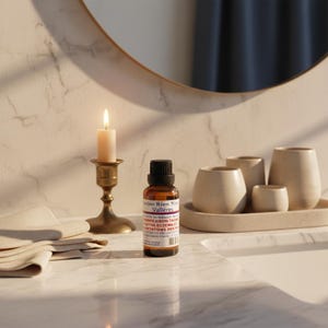 May include: A brown glass bottle with a black cap, labeled with text, sits on a white surface. A lit candle in a brass holder and a stack of folded beige towels are nearby. A tray with beige ceramic cups is also present.