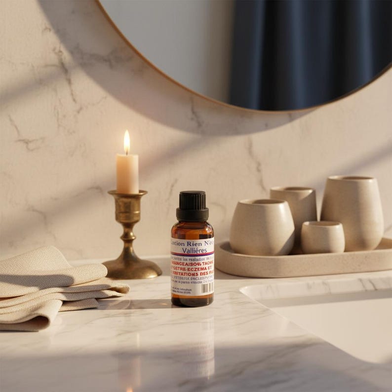 May include: A brown glass bottle with a black cap, labeled with text, sits on a white surface. A lit candle in a brass holder and a stack of folded beige towels are nearby. A tray with beige ceramic cups is also present.