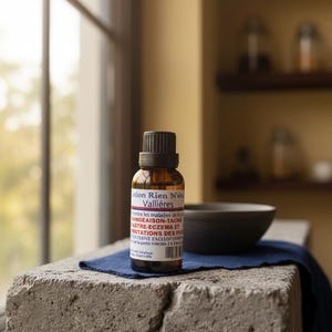 May include: A brown glass bottle with a black cap and a white and red label, next to a dark gray bowl. The bottle sits on a blue cloth atop a rough, gray stone surface, near a window.