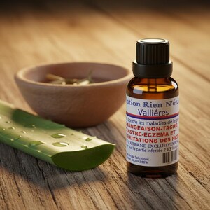May include: A brown glass bottle with a black cap and white label, next to a wooden bowl and a green aloe vera leaf on a wooden surface. The label has text in French. The bottle is approximately 3 inches tall.