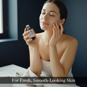 May include: A woman with her eyes closed holds a small brown bottle with a white label. The text on the label is partially visible. The image includes the text "For Fresh, Smooth-Looking Skin".