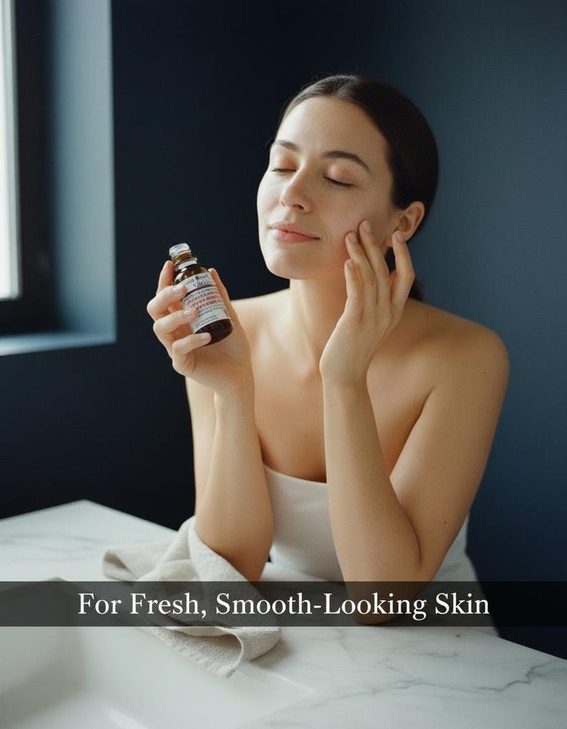 May include: A woman with her eyes closed holds a small brown bottle with a white label. The text on the label is partially visible. The image includes the text "For Fresh, Smooth-Looking Skin".