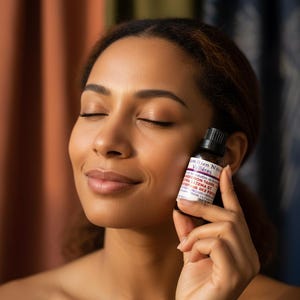May include: A small, dark glass bottle with a black cap and a white label featuring red and black text. The bottle is held near the face of a person with their eyes closed. The label includes the words "on Bien N&eacute;tre Valli&egrave;res".