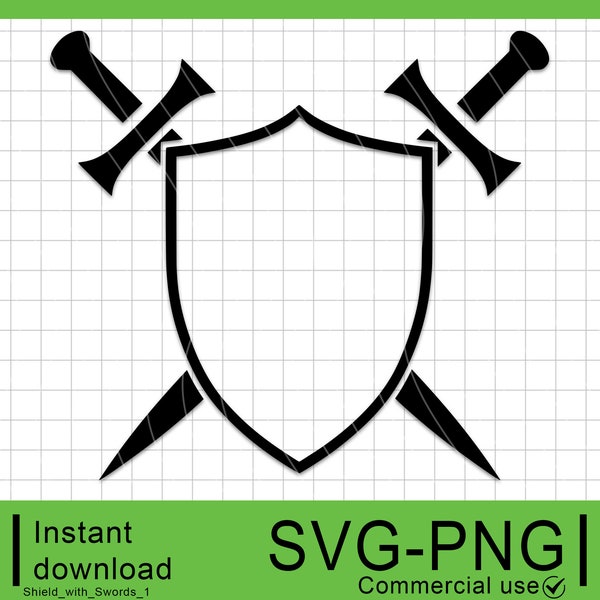 Shield with Swords SVG #1, Shield Silhouette, Commercial Use, Instant Digital Download, Clipart, PNG, SVG