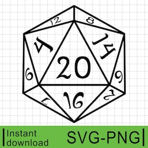 D20 dobbelstenen SVG, hoogwaardige vectorafbeelding, bestand knippen, Commercieel gebruik, Instant digitale download, Clipart