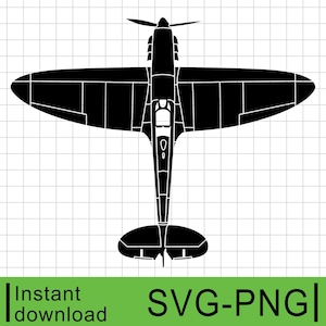 May include: Black silhouette of a World War II era fighter plane, viewed from above. The plane has a single propeller and a pointed nose.