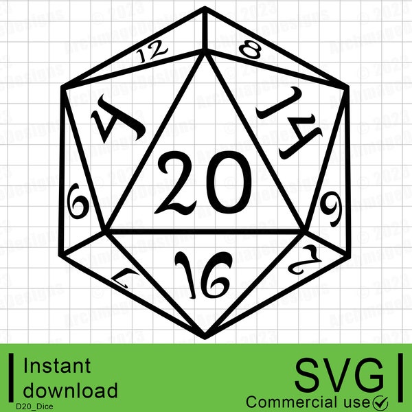 D20 Dice SVG, High quality Vector graphic, Cut File, Commercial Use, Instant Digital Download, Clipart