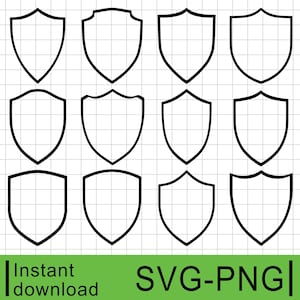 12 Pacchetto di contorni di scudi medievali, per taglio e incisione, scudi riscaldatori, uso commerciale, download digitale istantaneo, clipart, PNG, SVG