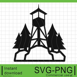Watchtower SVG #1, Tower Silhouette in a Forest, For Cutting and Engraving, Commercial Use, Instant Digital Download, Clipart, PNG, SVG