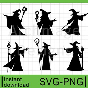 May include: Six black silhouette images of wizards with pointed hats and staffs. The wizards are in various poses, some holding their staffs up, some with their arms outstretched, and some with their hands on their hips.