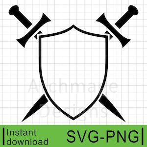 Shield with Swords SVG #1, Shield Silhouette, Commercial Use, Instant Digital Download, Clipart, PNG, SVG