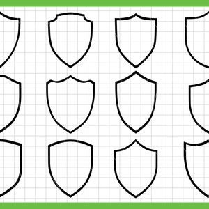 May include: Twelve black and white shield shapes with rounded edges. The shields are arranged in four rows of three. The shields are all the same size and shape.