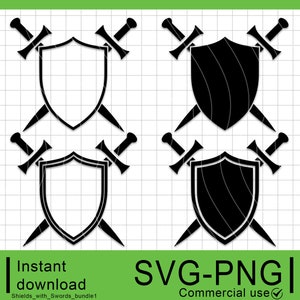 Medieval Shield with Swords Bundle 4 pack, Shield Silhouette, Commercial Use, Instant Digital Download, Clipart, PNG, SVG