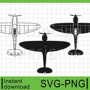 May include: Three black and white silhouette images of a vintage airplane, a Supermarine Spitfire. The airplane is shown from a top-down view.