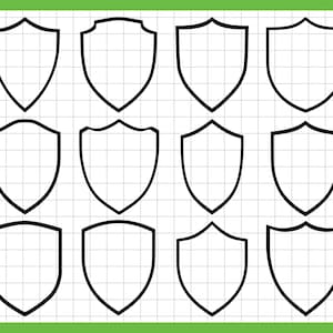 May include: Twelve black shield shapes with rounded edges. The shields are arranged in four rows of three. The shields are outlined in black and are empty.